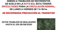 PRECAUCION EN LA CIRCULACION SOBRE RUTA PROVINCIAL 83s